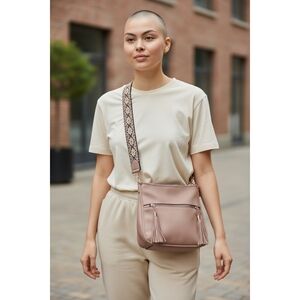 Mauve Faux Leather Crossbody Bag with an Aztec Pattern Strap